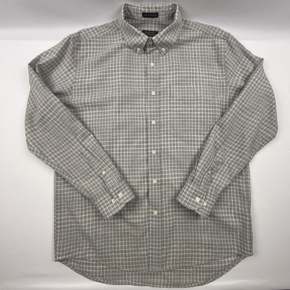 Sir Pendleton Mens Grey Plaid 100% Virgin Wool Button Down Shirt Large L 0699